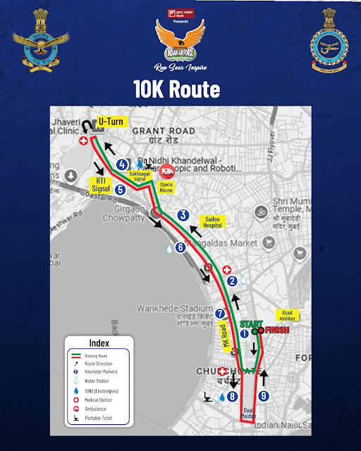 10K route map: start and finish at Azad Maidan, with kilometre markers, water and medical stations