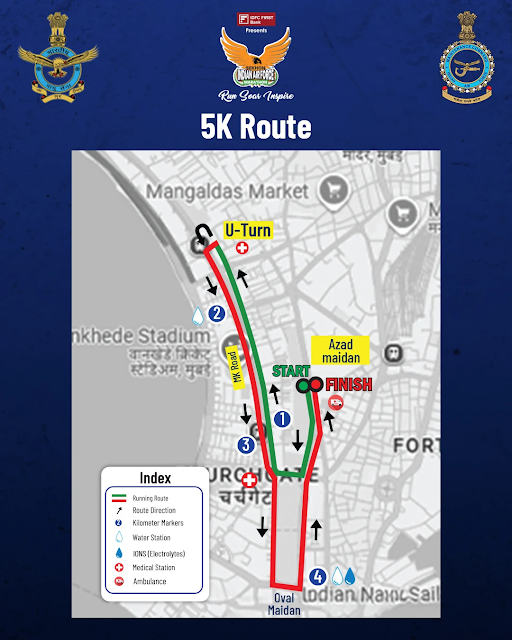 5K route map: start and finish at Azad Maidan, with kilometre markers, water and medical stations